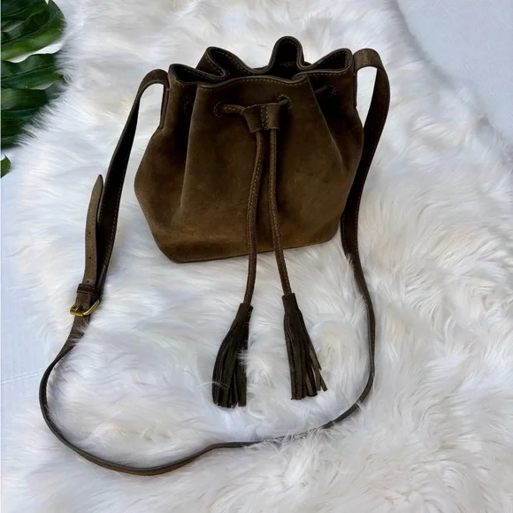 J. Crew Olive Suede Leather Drawstring Bucket Bag - Picture 2 of 8